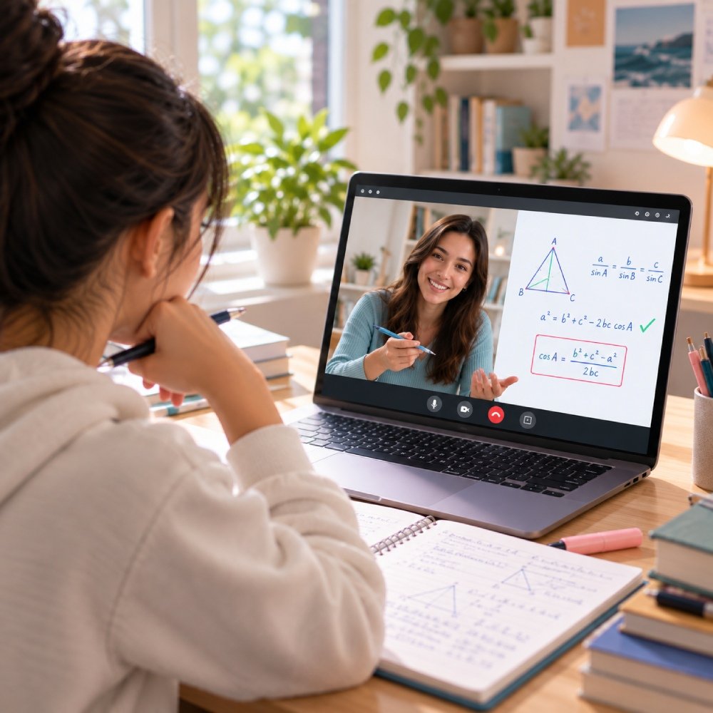 Student receiving feedback during an online mathematics tutoring session